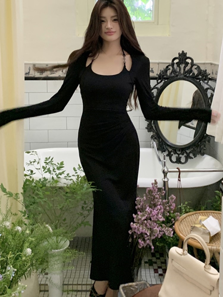 Sexy Bodycon Midi Dresses for Women Solid Halter Long Sleeves Slim Mermaid Evening Party Dress Autumn New Fashion Vestidos Mujer