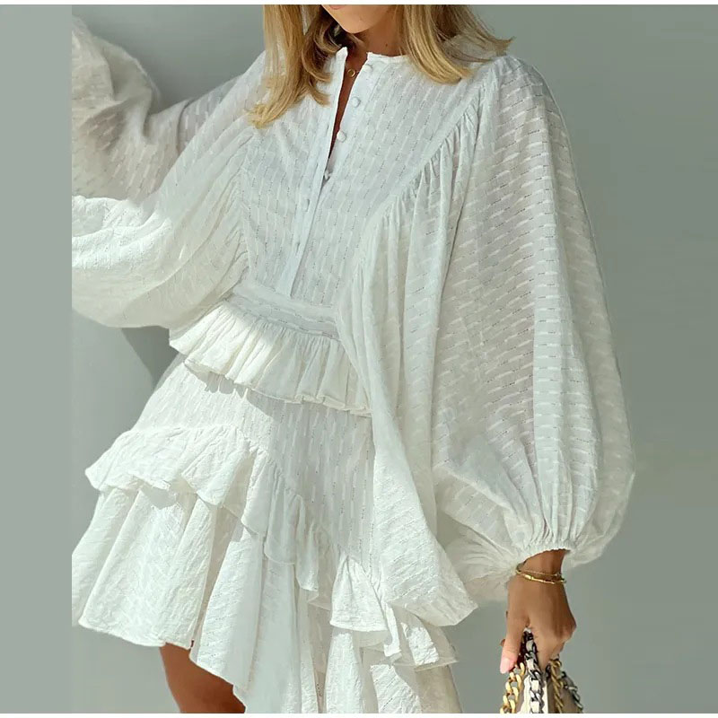 Elegant Women's O-neck Ruffled Loose Dress Spring Autumn Lantern Sleeves White Dress Casual Buttons Layered Party Dress Vestidos