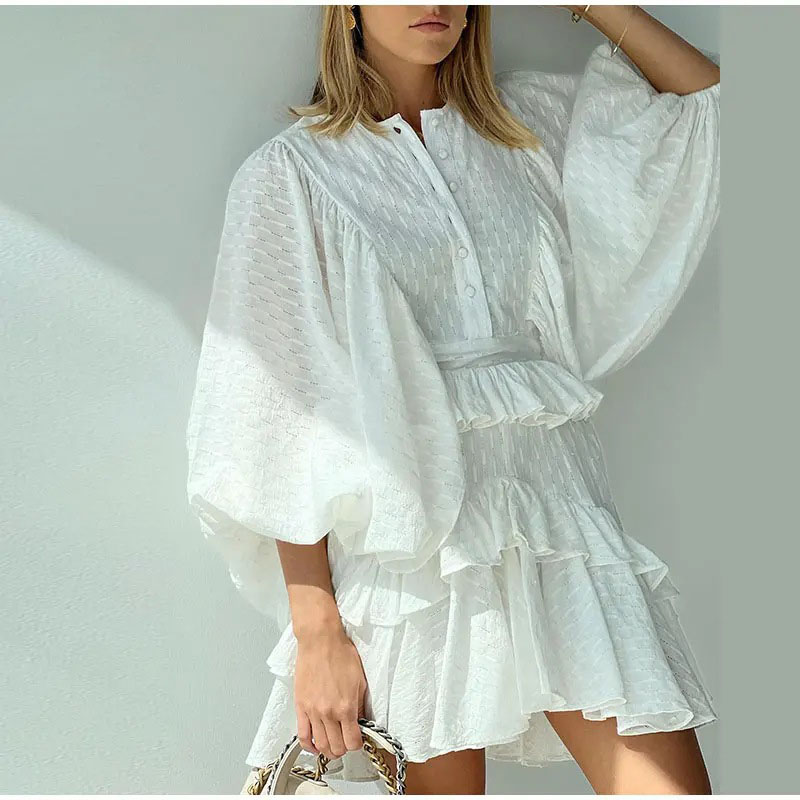 Elegant Women's O-neck Ruffled Loose Dress Spring Autumn Lantern Sleeves White Dress Casual Buttons Layered Party Dress Vestidos