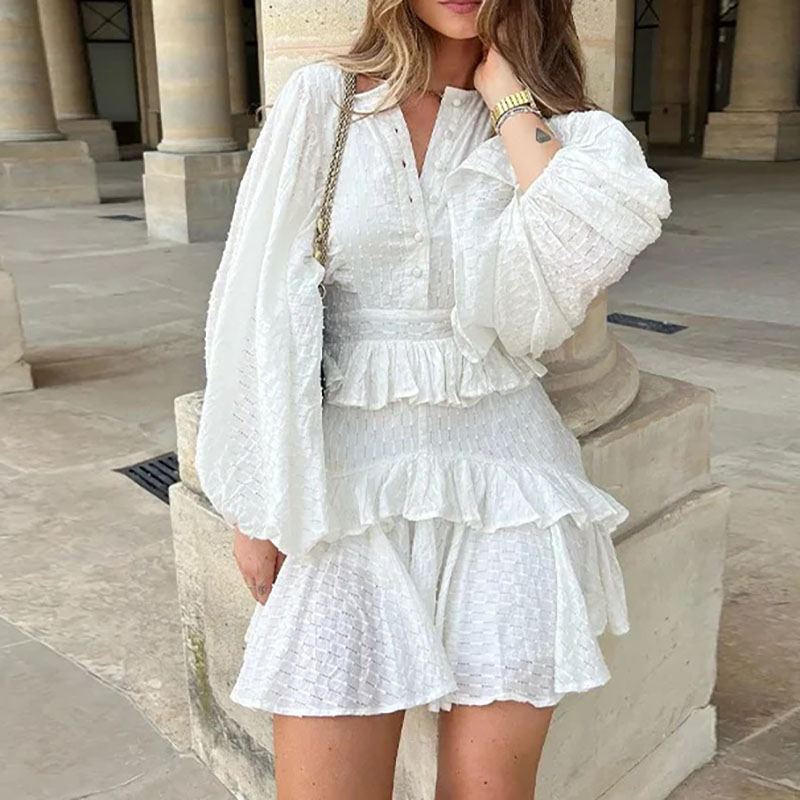 Elegant Women's O-neck Ruffled Loose Dress Spring Autumn Lantern Sleeves White Dress Casual Buttons Layered Party Dress Vestidos