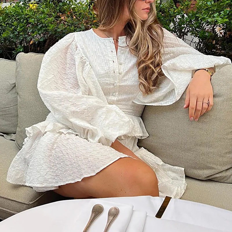 Elegant Women's O-neck Ruffled Loose Dress Spring Autumn Lantern Sleeves White Dress Casual Buttons Layered Party Dress Vestidos