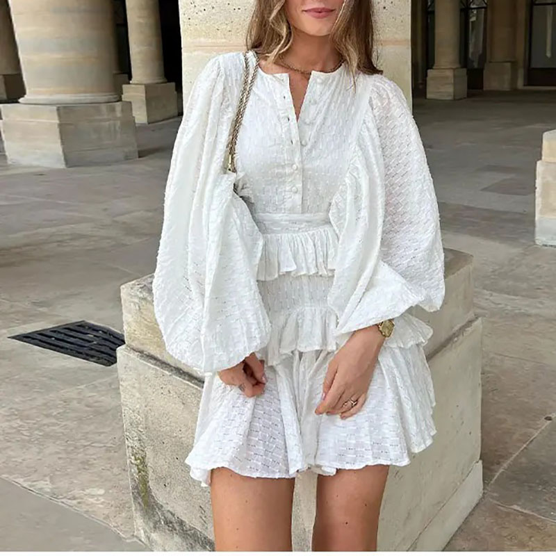 Elegant Women's O-neck Ruffled Loose Dress Spring Autumn Lantern Sleeves White Dress Casual Buttons Layered Party Dress Vestidos