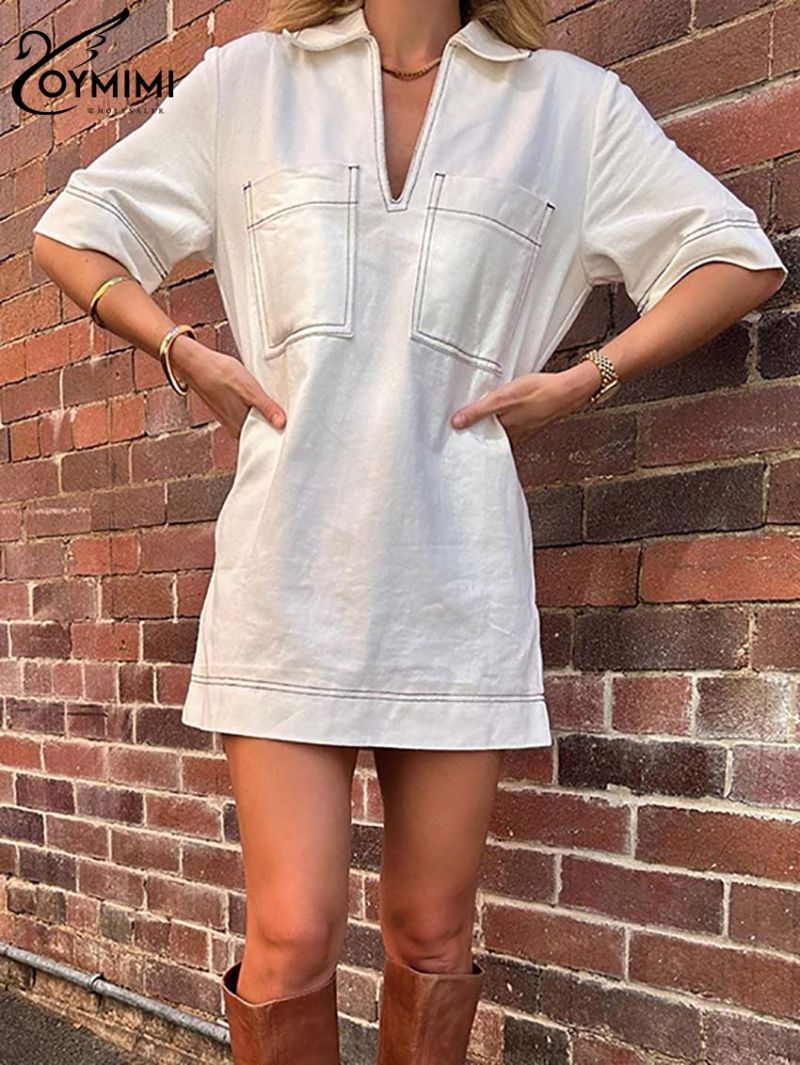 Oymimi Casual White Cotton Women's Dress Elegant Turn-Down Collar Half Sleeve Dresses Summer Pockets Straight Mini Dress Female