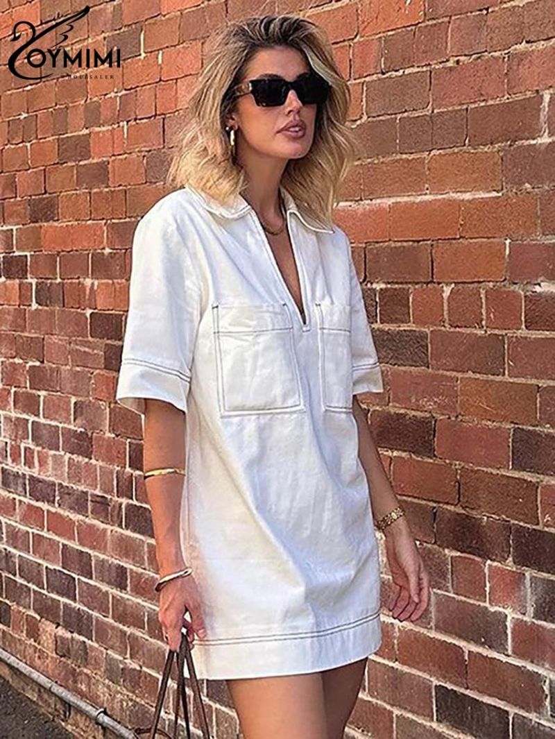 Oymimi Casual White Cotton Women's Dress Elegant Turn-Down Collar Half Sleeve Dresses Summer Pockets Straight Mini Dress Female