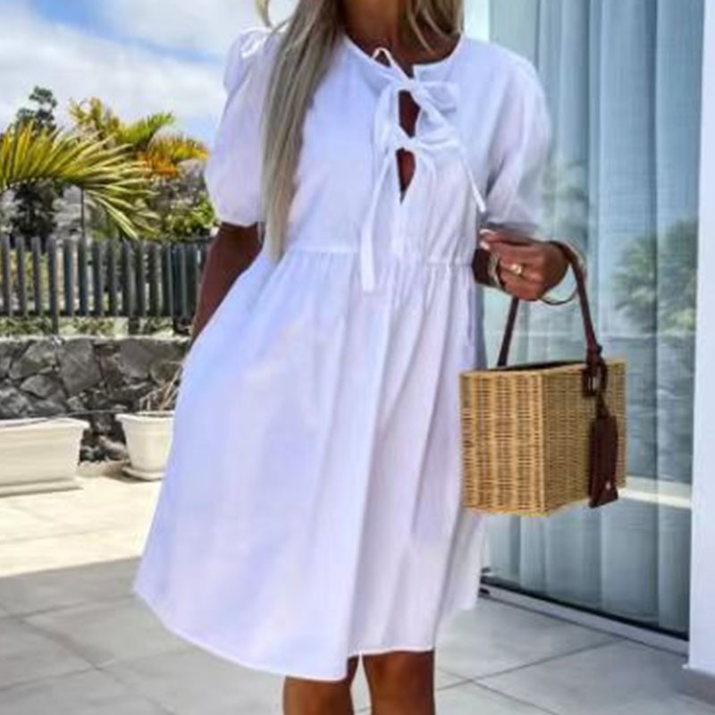 Summer Puff Sleeve Solid Color Pleated Dress Casual High Waist Pleated Short Dress Fashion O Neck Lace Up Hollow Out Party Dress