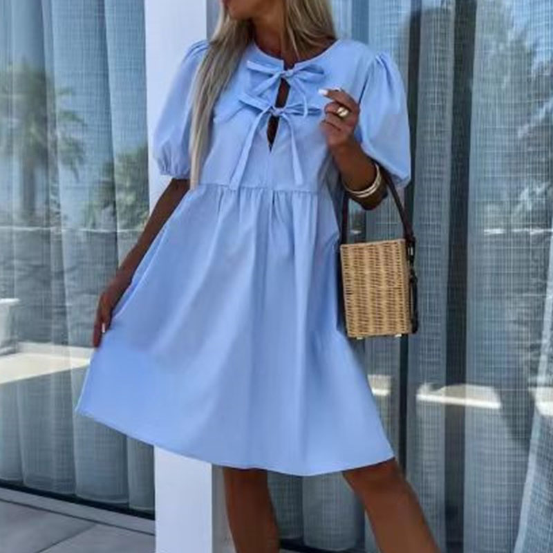 Summer Puff Sleeve Solid Color Pleated Dress Casual High Waist Pleated Short Dress Fashion O Neck Lace Up Hollow Out Party Dress