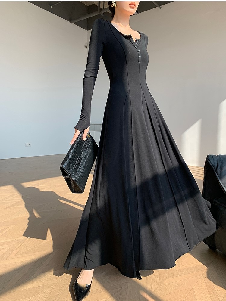 Casual Knitted Dresses for Women Long Sleeves Square Collar A-line Autumn Maxi Dress Korean Fashion Solid Vestidos Mujer New