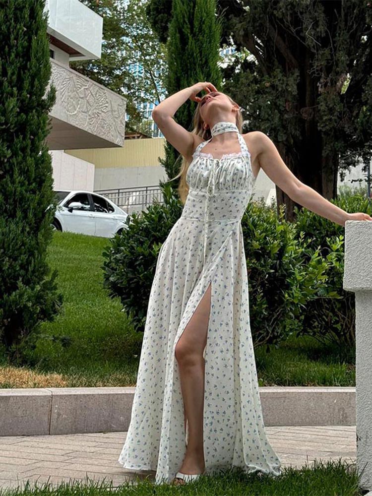 Backless Printed Pleated Lace-up Slim Halter Maxi Dresses Fashion Sleeveless High Slit Long Dress 2024 New Lady Vocation Robes