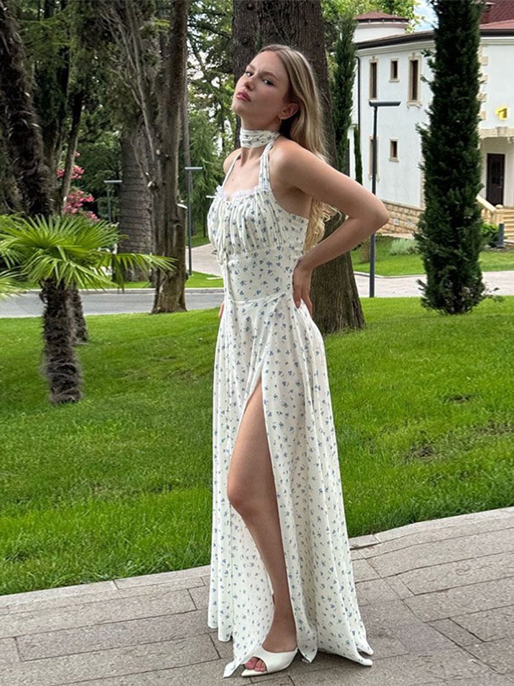 Backless Printed Pleated Lace-up Slim Halter Maxi Dresses Fashion Sleeveless High Slit Long Dress 2024 New Lady Vocation Robes