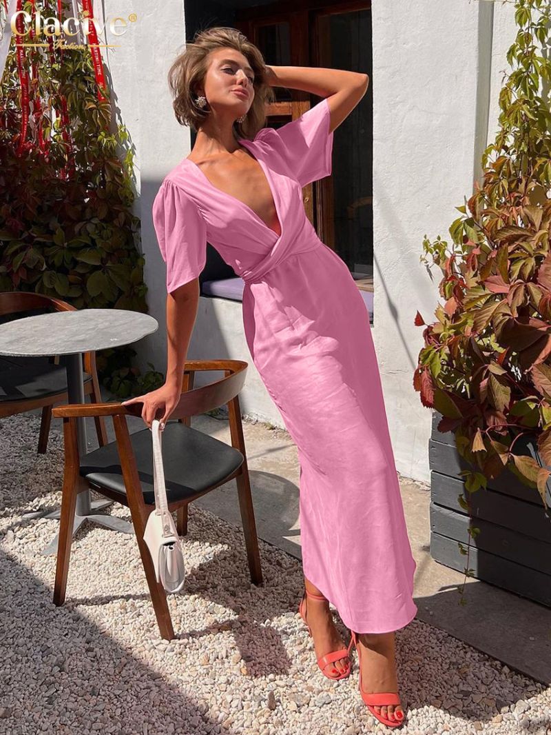 Clacive Summer Slim Pink Women's Dress Fashion V-Neck Short Sleeve Ankle Length Dresses Elegant Classic High Wasit Female Dress