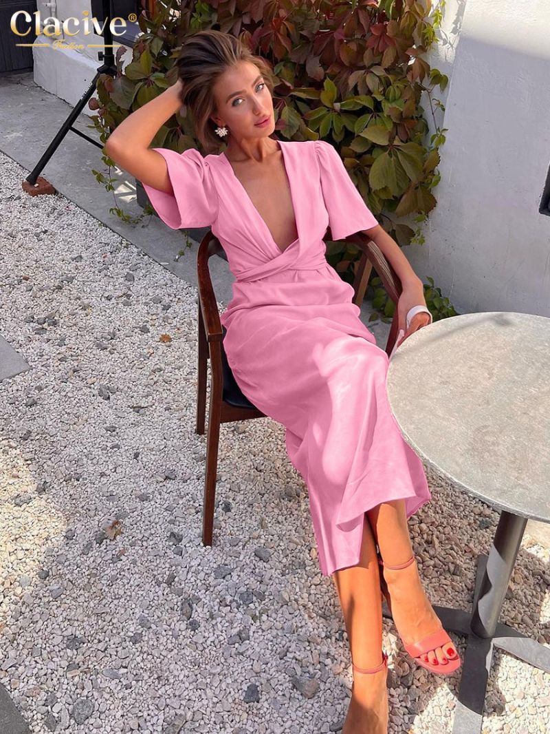 Clacive Summer Slim Pink Women's Dress Fashion V-Neck Short Sleeve Ankle Length Dresses Elegant Classic High Wasit Female Dress