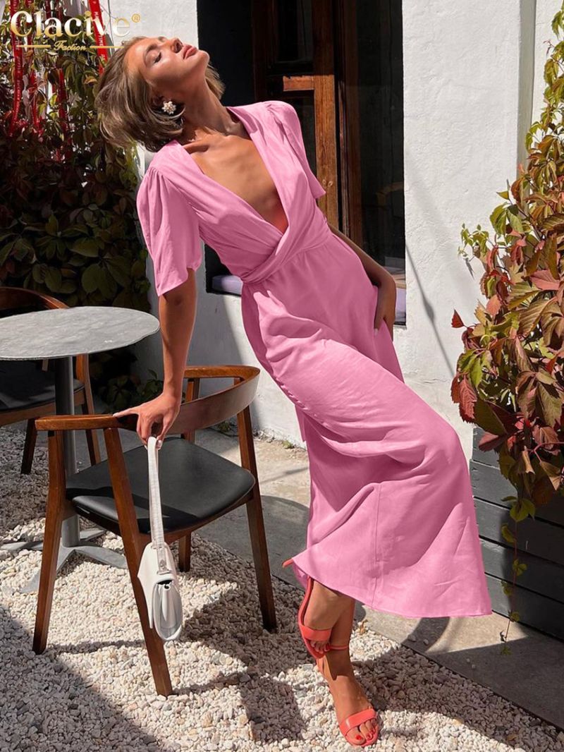 Clacive Summer Slim Pink Women's Dress Fashion V-Neck Short Sleeve Ankle Length Dresses Elegant Classic High Wasit Female Dress