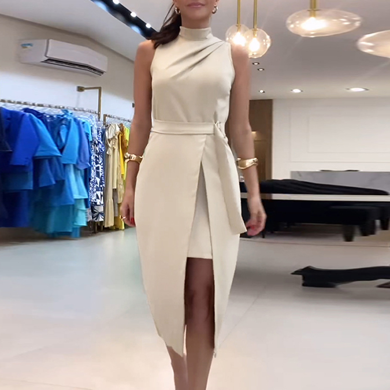 Elegant Solid Color Draped Commuter Dress Sexy Hollow Sleeveless Party Dresses Ladies Stand Collar Sleeveless Slim A-line Dress