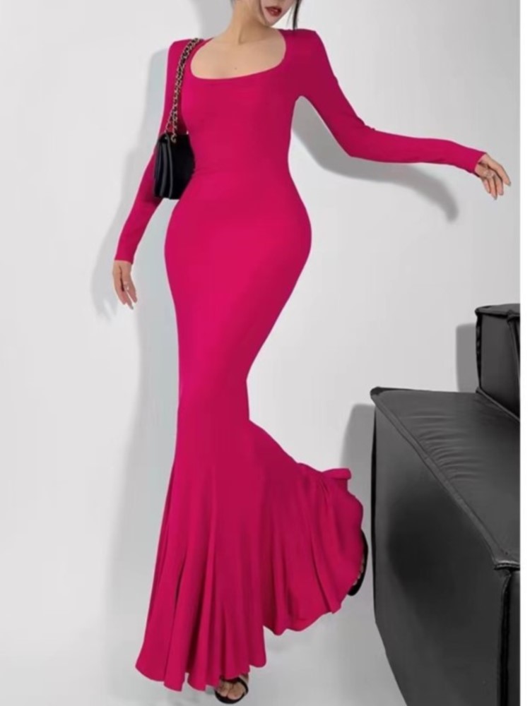 Elegant Maxi Knitted Dress Women Long Sleeve Square Collar Slim Mermaid Autumn Winter Base Dresses Evening Party Prom Vestidos