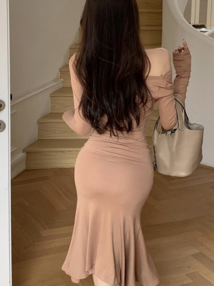 Sexy Solid Off Shoulder Dress Women Long Sleeve Swinging Collar Bodycon Mermaid Wrapped Hip Autumn Spring Vestidos Para Mujer