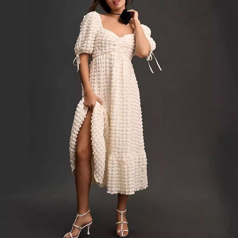 Elegant Lady V Neck High Waist Banquet Dress Casual Lace Up Puff Sleeve Holiday Dress 2024 Fashion Solid Pleated Commuting Dress