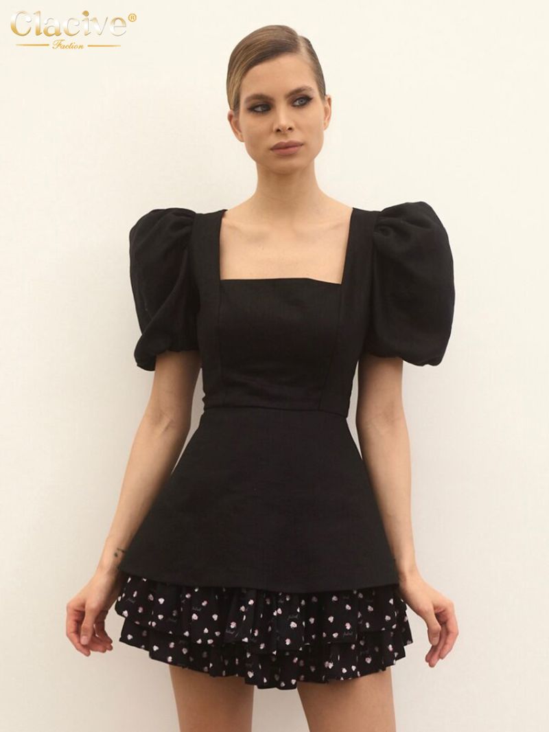 Clacive Fashion Loose Black Women's Dress Summer Square Collar Short Sleeve Mini Dresses Elegant High Waist Pleated Female Dress