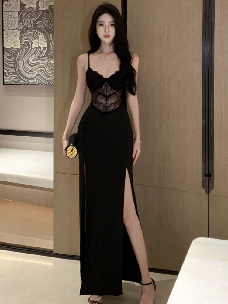 Sexy Black Lace Long Dresses for Women Summer New Hollow Out High Split Bodycon Camisole Evening Party Dress Prom Robe Vestido