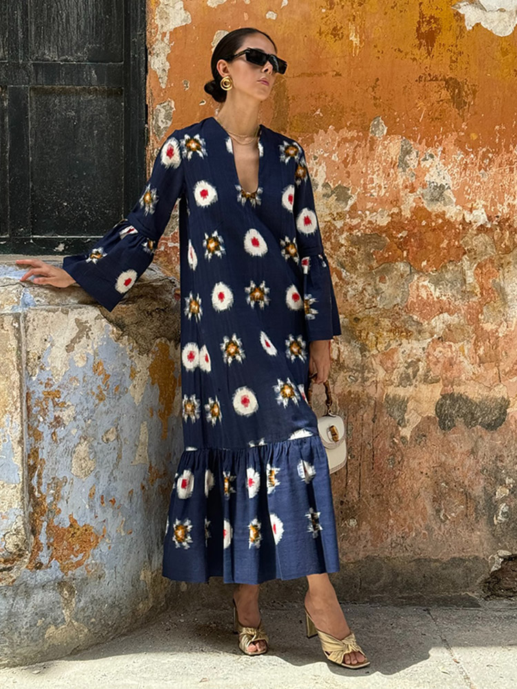 Vintage Printed V-neck Long Sleeved Maxi Dress Casual Pleated Hem Loose Long Dresses 2024 Summer Women Vacation Street Robes