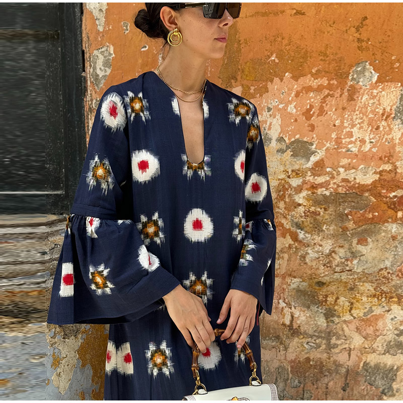 Vintage Printed V-neck Long Sleeved Maxi Dress Casual Pleated Hem Loose Long Dresses 2024 Summer Women Vacation Street Robes