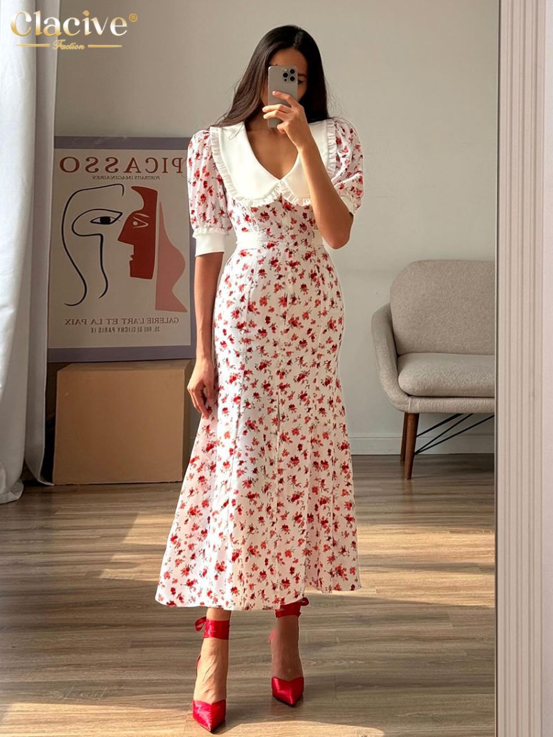 Clacive Fashion Slim Print Women's Dress Summer Lapel Short Sleeve Ankle Length Dresses Elegant High Waist Slit Female Dress