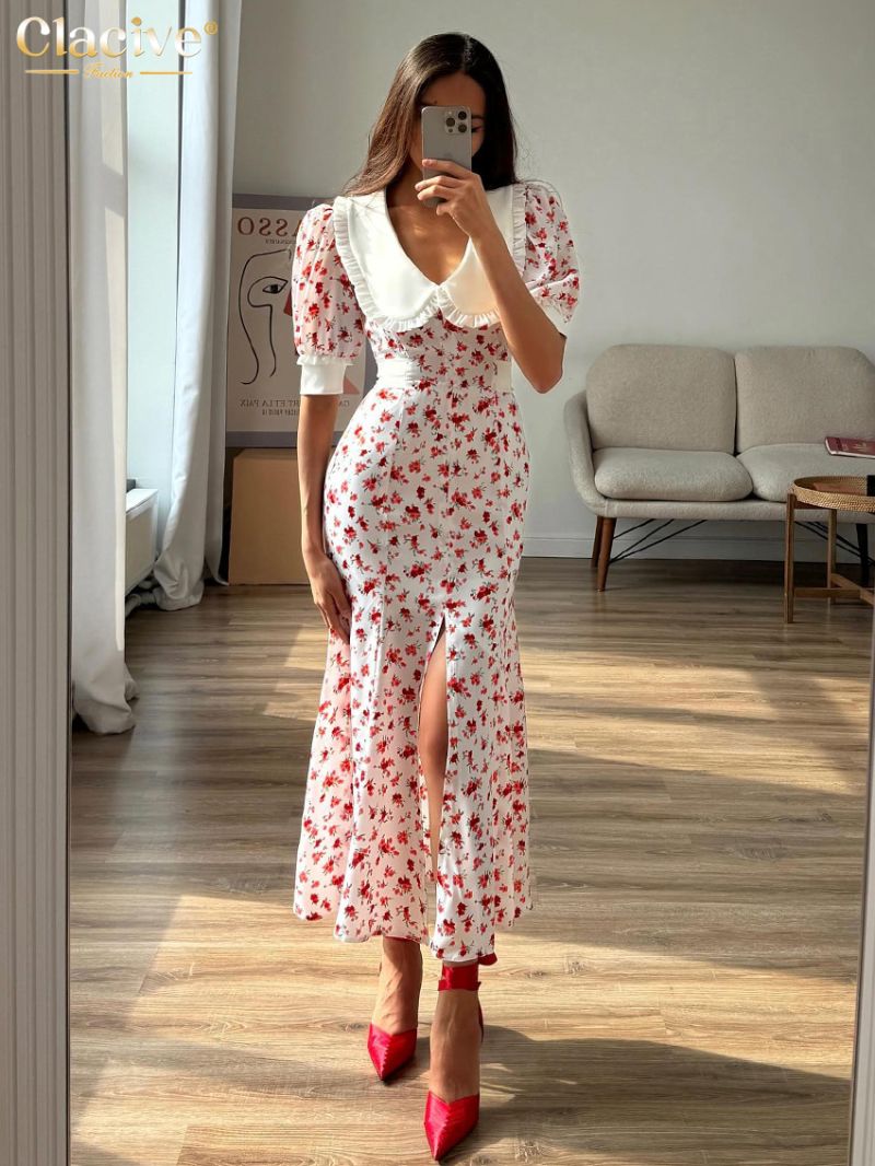 Clacive Fashion Slim Print Women's Dress Summer Lapel Short Sleeve Ankle Length Dresses Elegant High Waist Slit Female Dress