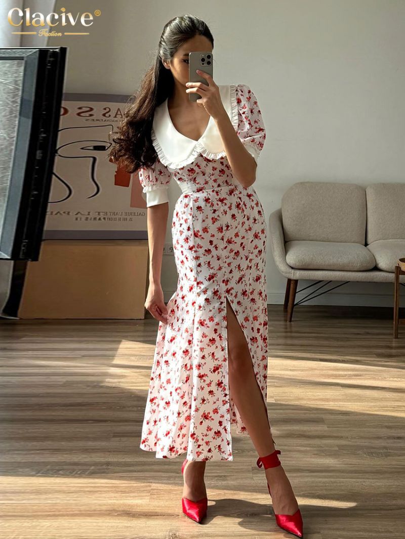 Clacive Fashion Slim Print Women's Dress Summer Lapel Short Sleeve Ankle Length Dresses Elegant High Waist Slit Female Dress