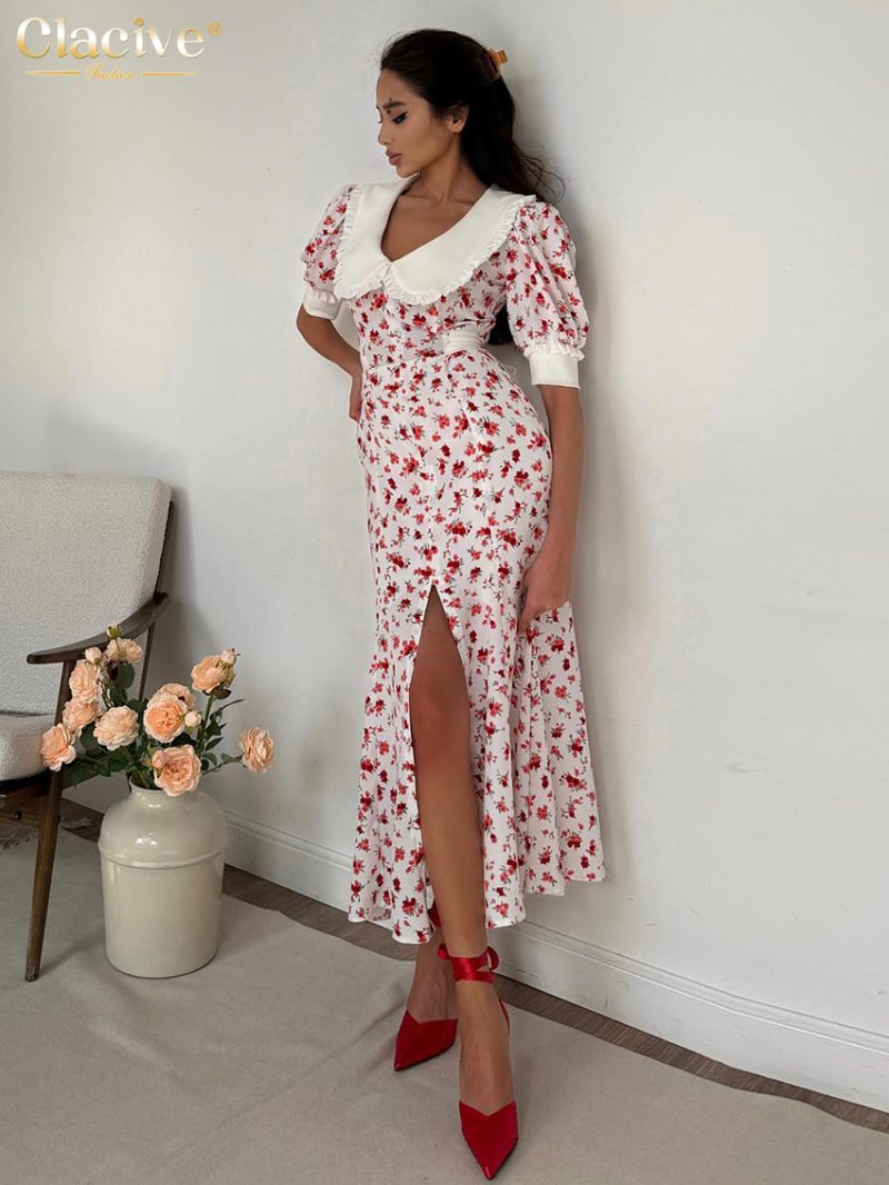 Clacive Fashion Slim Print Women's Dress Summer Lapel Short Sleeve Ankle Length Dresses Elegant High Waist Slit Female Dress