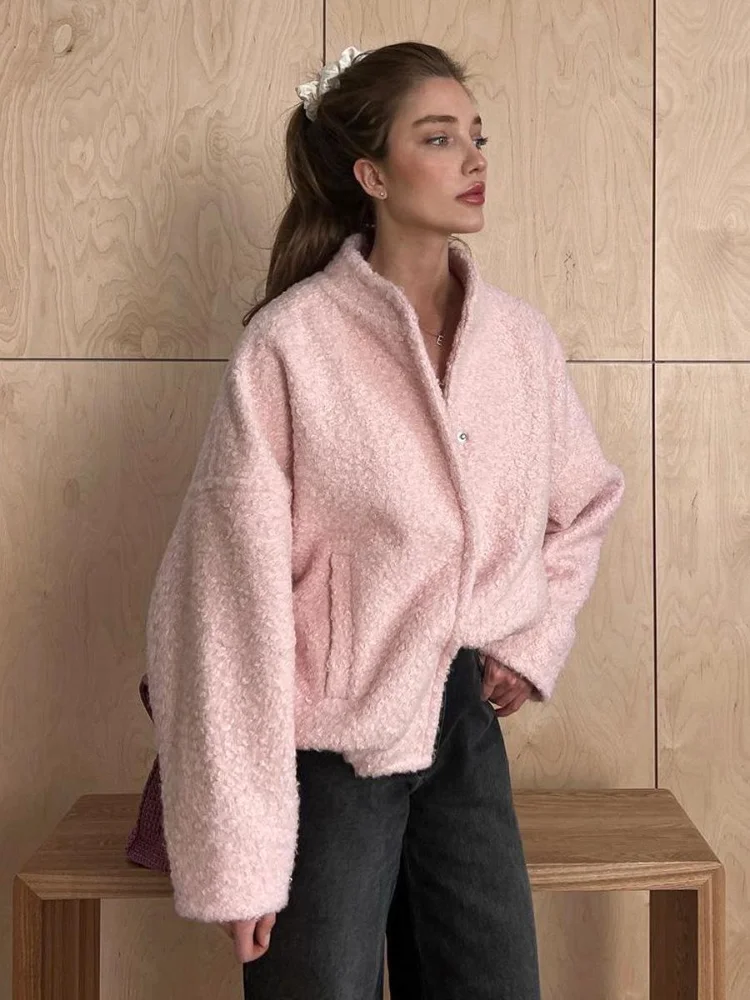 Autumn Women Elegant Pink Loose Bomber Jacket With Pocket Casual Single Breasted Long Sleeve Outerwears Female Outdoor Coat