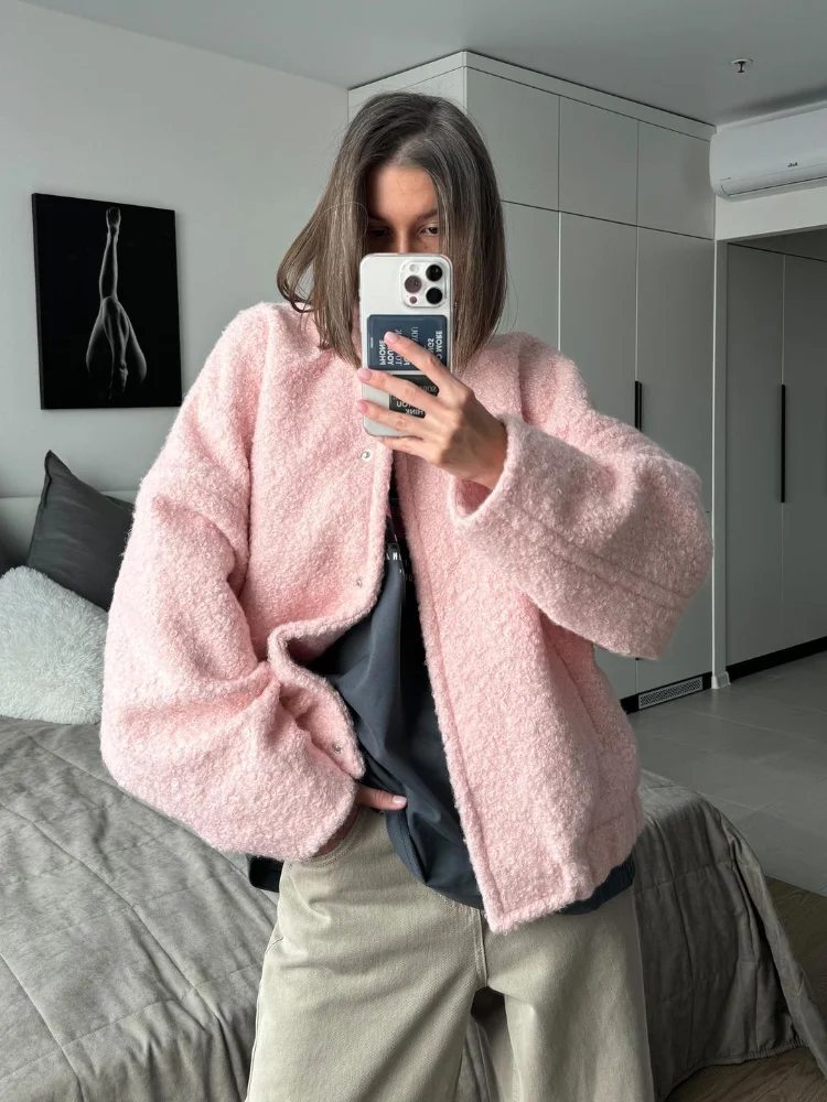 Autumn Women Elegant Pink Loose Bomber Jacket With Pocket Casual Single Breasted Long Sleeve Outerwears Female Outdoor Coat