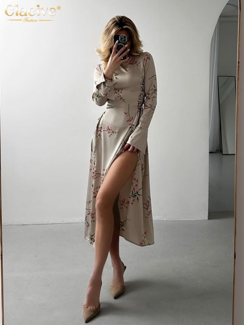 Clacive Fashion Slim Print Women's Dress 2024 Bodycon O-Neck Long Sleeve Midi Dresses Elegant Classic Bandage Slit Female Dress