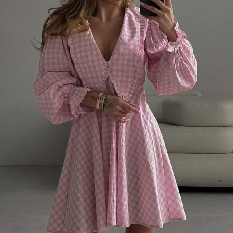 2024 New Autumn V-neck Checkered Printed Dress Casual Long Sleeved High Waist Short Dress Fashion Commuting Slim A-line Dresses