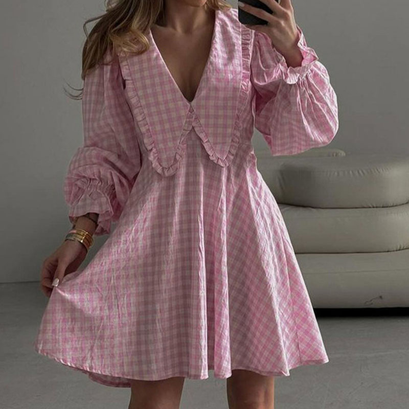 2024 New Autumn V-neck Checkered Printed Dress Casual Long Sleeved High Waist Short Dress Fashion Commuting Slim A-line Dresses