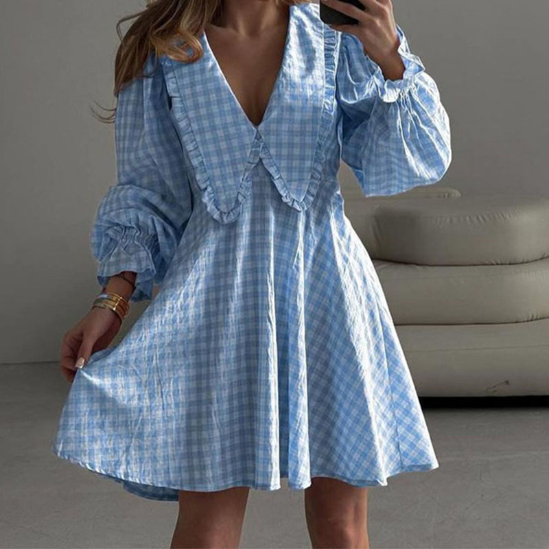 2024 New Autumn V-neck Checkered Printed Dress Casual Long Sleeved High Waist Short Dress Fashion Commuting Slim A-line Dresses