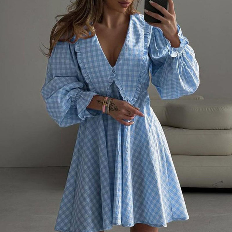 2024 New Autumn V-neck Checkered Printed Dress Casual Long Sleeved High Waist Short Dress Fashion Commuting Slim A-line Dresses