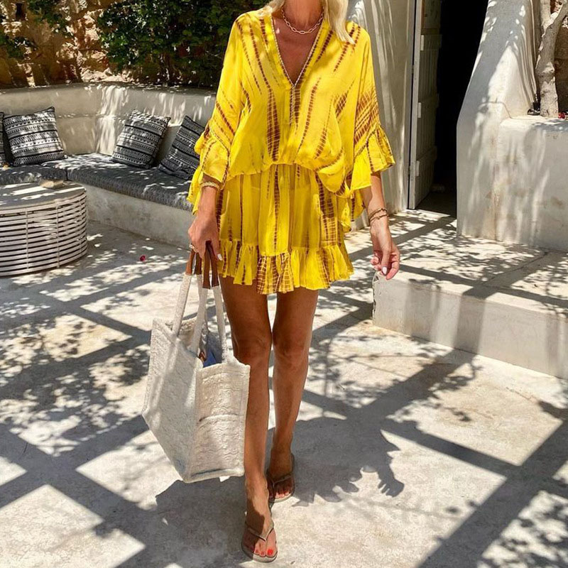 Yellow Printed Loose Summer Holiday Dress Casual Ruffled Batwing Sleeves Mini Dress Female Fashion Deep V Waist Short Dress New