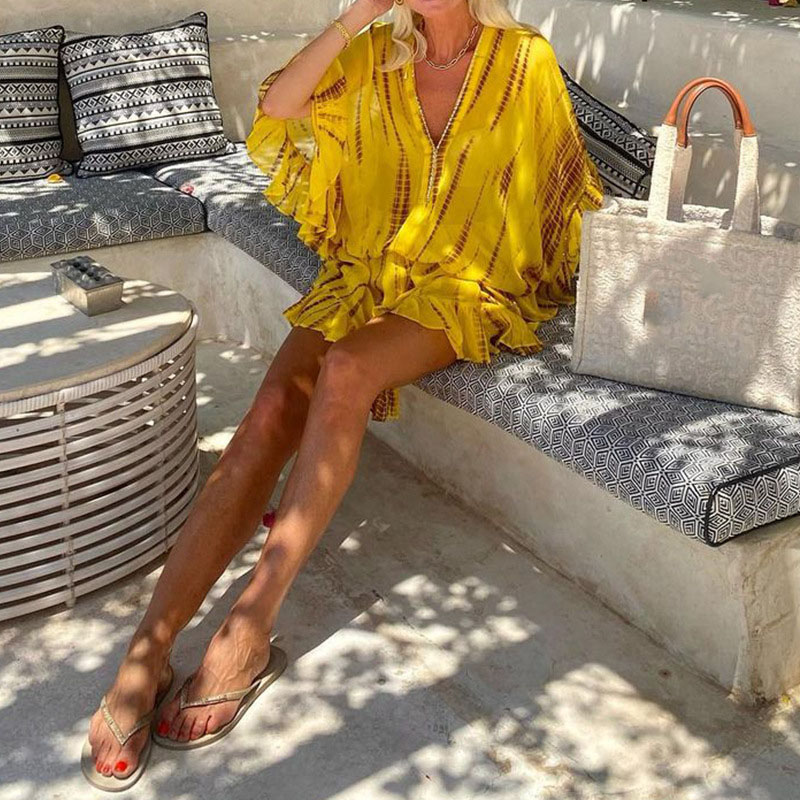 Yellow Printed Loose Summer Holiday Dress Casual Ruffled Batwing Sleeves Mini Dress Female Fashion Deep V Waist Short Dress New