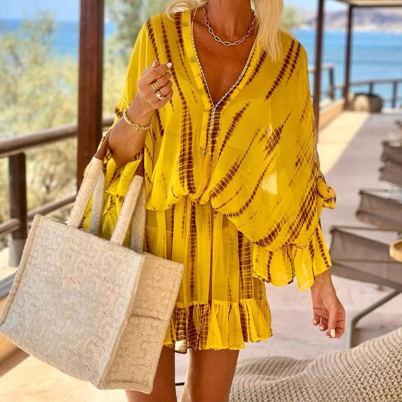 Yellow Printed Loose Summer Holiday Dress Casual Ruffled Batwing Sleeves Mini Dress Female Fashion Deep V Waist Short Dress New