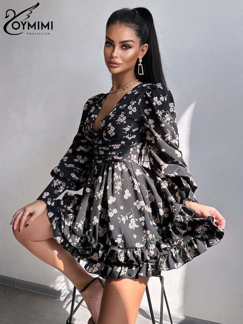 Oymimi Fashion Black Print Womens Dresses Elegant Deep V-Neck Open Back Long Sleeve Dresses Casual Cascading Ruffled Mini Dress