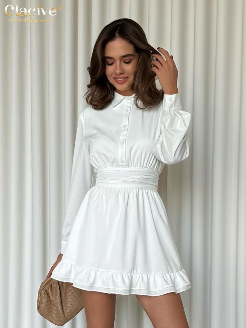 Clacive Fashion Loose White Women's Dress 2024 Elegant Lapel Long Sleeve Mini Dresses Casual High Waist Pleated Female Dress