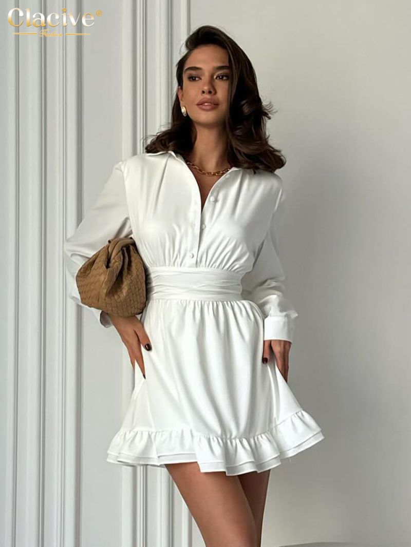 Clacive Fashion Loose White Women's Dress 2024 Elegant Lapel Long Sleeve Mini Dresses Casual High Waist Pleated Female Dress