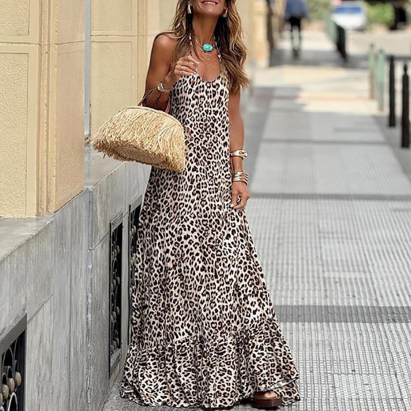 Leopard Print Halter V Neck Long Dress Sexy Hollow Sleeveless Summer Women's Dress Fashion Pleated High Street Backless Dresses