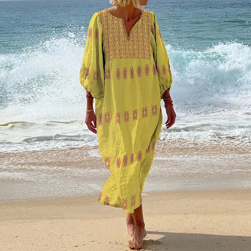 Spring Summer Pattern Printed Patchwork Women's Dress Sexy V Neck Pleated Beach Dress Fashion Long Sleeved Loose Bohemian Dress