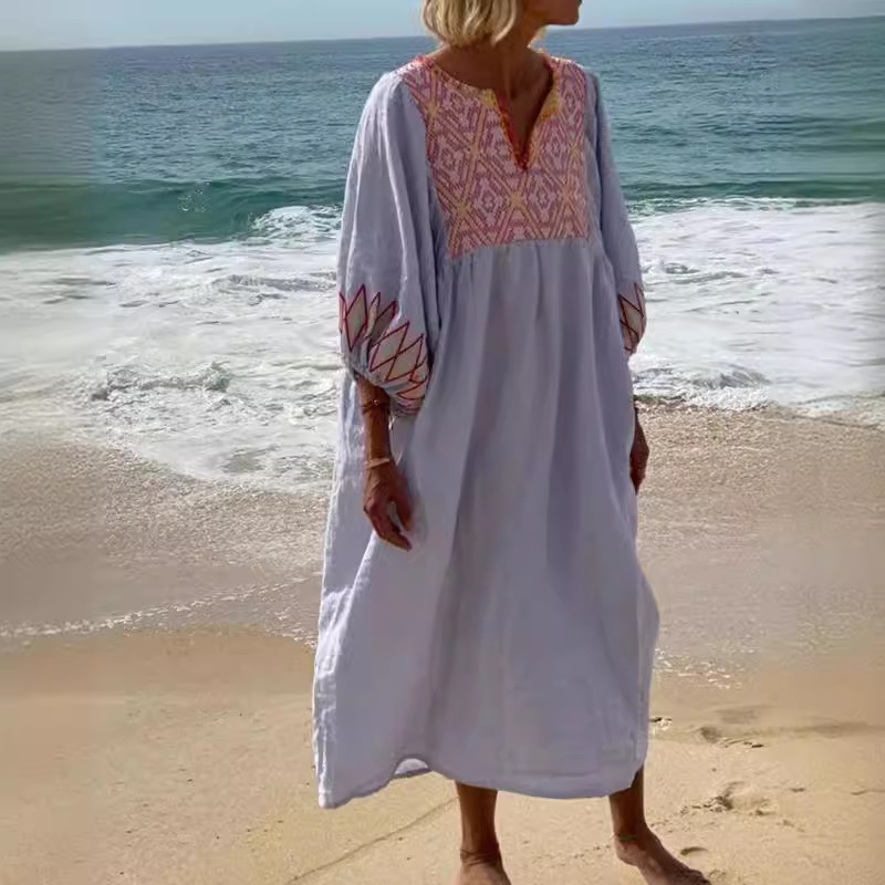 Spring Summer Pattern Printed Patchwork Women's Dress Sexy V Neck Pleated Beach Dress Fashion Long Sleeved Loose Bohemian Dress