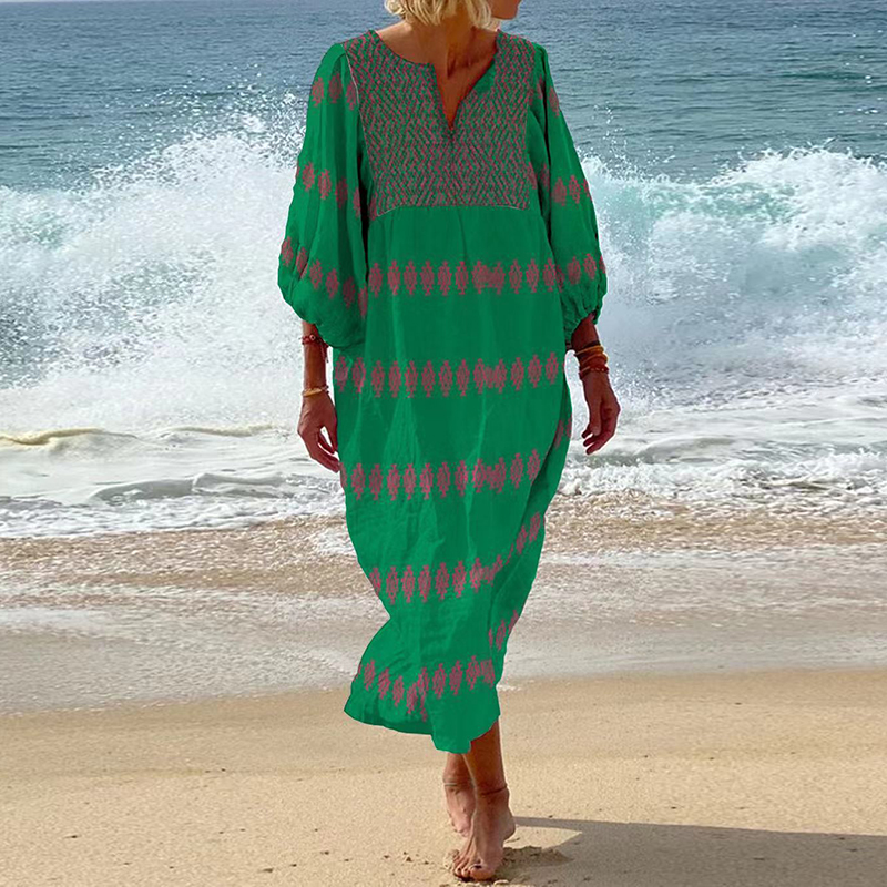 Spring Summer Pattern Printed Patchwork Women's Dress Sexy V Neck Pleated Beach Dress Fashion Long Sleeved Loose Bohemian Dress