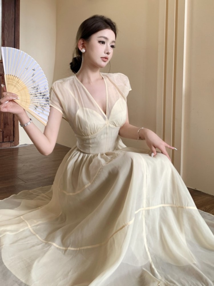 Elegant Long Dresses for Women V-neck A-line Birthday Party Dress French Casual High Waist Summer New Prom Retro Vestidos Mujer