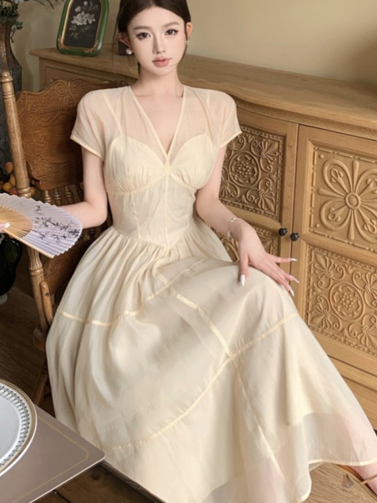 Elegant Long Dresses for Women V-neck A-line Birthday Party Dress French Casual High Waist Summer New Prom Retro Vestidos Mujer