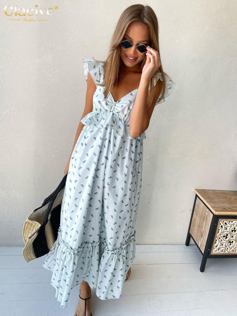 Clacive Sexy Loose Print Summer Dress Lady Fashion V-Neck Sleeveless Ankle-Length Dress Elegant Holiday Ruffle Dresses For Women