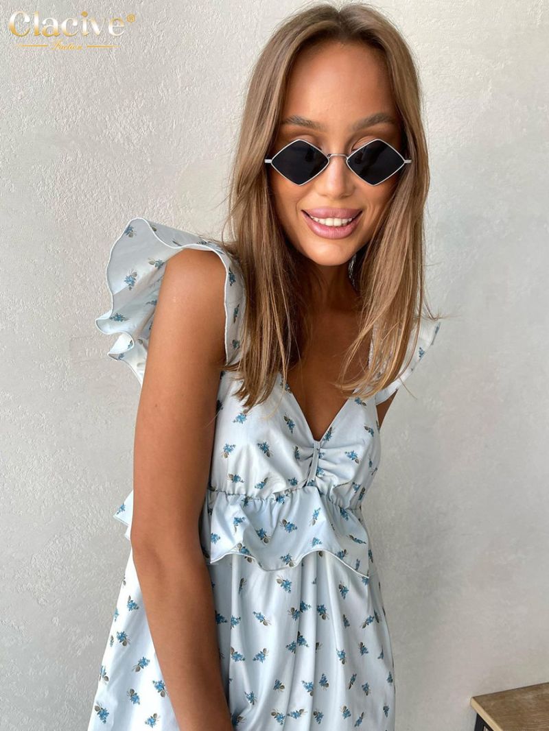 Clacive Sexy Loose Print Summer Dress Lady Fashion V-Neck Sleeveless Ankle-Length Dress Elegant Holiday Ruffle Dresses For Women