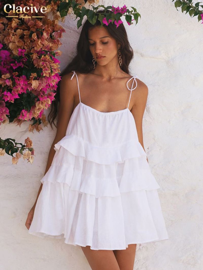 Clacive Sexy Loose White Cotton Women's Dress 2024 Summer Strap Sleeveless Mini Dresses Elegant Classic Ruffle Female Dress